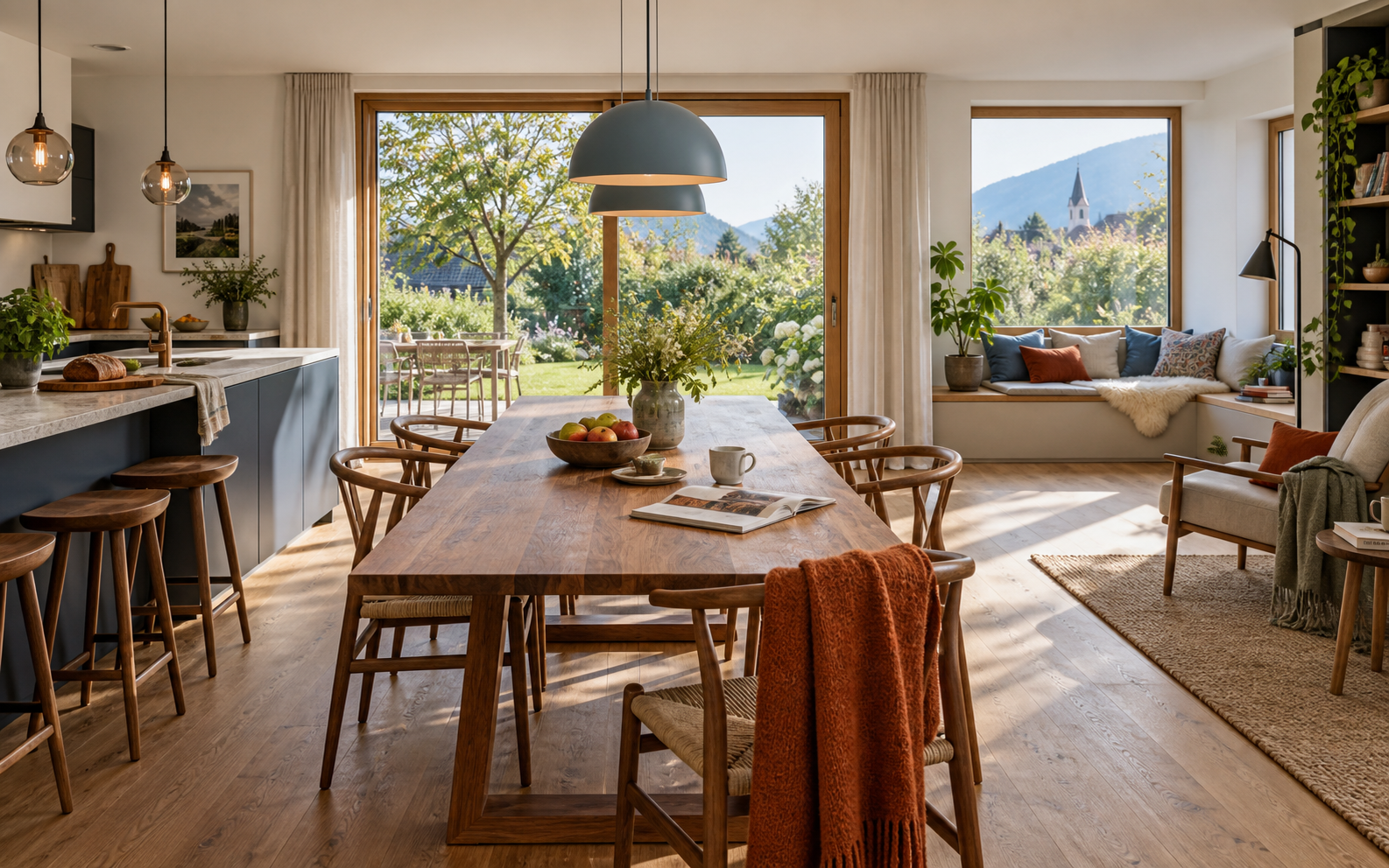 Wohnküche mit gemeinsamer Tafel und zwei ruhigen Rückzugsbereichen